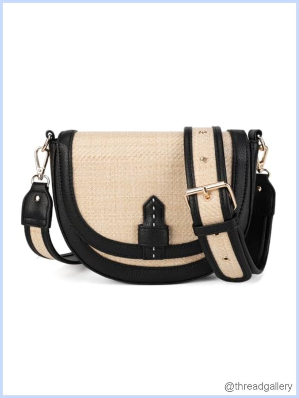 Vintage Patchwork Crossbody Bag Straw & Vegan Leather Saddle Purse Adj